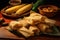 Mexican corn and chicken tamales on wooden table.