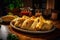 Mexican corn and chicken tamales on wooden table.