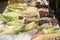 Mexican corn diversity, white corn, black corn, blue corn, red corn, wild corn and yellow corn at a local market in Mexico