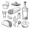 Mexican cuisines drawing. Traditional food and drink vector illu