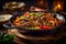 Mexican culinary scene with beef fajitas on a wooden cutting board, adorned with dramatic lighting, offering a sensory experience