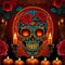 Mexican day of the dead sskull head candles floral graphic illustration