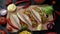 The Mexican dish of Tako corn flat cake with vegetable filling on a wooden board on black background