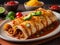 Mexican enchiladas with chicken, vegetables, corn, beans, tomato sauce and cheese