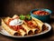 Mexican enchiladas with chicken, vegetables, corn, beans, tomato sauce and cheese