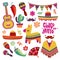 Mexican fiesta set. Cinco de mayo party elements sombrero, pinata and chili pepper, guitar vector collection
