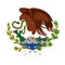 Mexican flag emblem of colorful silhouette of eagle with snake in peak over rock and plant of cactus