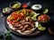 mexican food, beef and chicken fajitas with mexican sauces seen from above, mexican restaurant, typical dish, created with AI