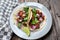 Mexican food: Delicious red chorizo tacos on wooden background