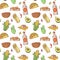 Mexican Food Hand Drawn Seamless Pattern. Mexico Traditional Cuisine Background