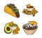 Mexican food icons taco nachos guacamole traditional vintage engraved color