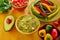 Mexican food mixed guacamole nachos chili sauce