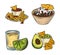 Mexican food nachos tequila guacamole traditional icons vintage engraved color