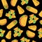 Mexican food seamless pattern design. Tacos, quesadillas, nachos, burrito. Doodle line art on the black background. Dark backdrop