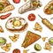 Mexican food seamless pattern. Mexican kitchen tacos, burritos and nachos sketch for wallpaper, cafe wrapping and