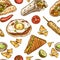 Mexican food seamless pattern. Mexican kitchen tacos, burritos and nachos sketch for wallpaper, cafe wrapping and textile vector