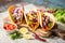 Mexican food tacos, fried chicken, greens, mango, avocado, pepper, salsa