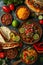 Mexican food: tacos, quesadillas, enchiladas, chiles en nogada. Top view