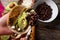 Mexican grilled nopal cactus tacos with cheese and avocado on wooden background