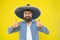 Mexican guy happy festive outfit ready to celebrate. Man bearded cheerful guy wear sombrero mexican hat yellow