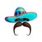 Mexican hat and mustache Isolated on a white background. Colored cartoon mexico sombrero. Retro barbershop symbol. Holiday Cinco