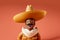 Mexican hispanic man with sombrero, moustache. 3d style toy on solid color background. Generative AI