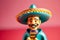 Mexican hispanic man with sombrero, moustache. 3d style toy on solid color background. Generative AI