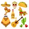 Mexican holiday symbols set, sombrero hat, sugar skull, taco, maracas, pinata, tequila bottle, poncho, acoustic guitar