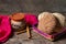 Mexican hot chocolate with sweet conchas bread on wooden background