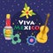 Mexican independence day, guitar tequila bottle flowers dark background, viva mexico is celebrated on september