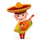 Mexican little cute boy with colorful poncho and sombrero. Little boy playing on gitar.