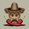 Mexican man head with mustache in sombrero hat and two crossed chili peppers vector illustration in colorful cartoon