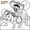 Mexican man riding a donkey in the desert. Vector black and white coloring page.