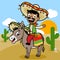 Mexican man riding a donkey in the desert. Vector illustration