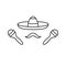 Mexican man set. Sombrero, mustache, maracas. Line art icon of traditional attributes of fun, dance and music. Black symmetric