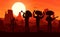 Mexican mariachi musicians silhouettes at desert