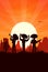 Mexican mariachi musicians silhouettes at desert