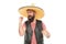 Mexican melody drives him. Man bearded cheerful guy wear sombrero mexican hat. Celebrate traditional mexican holiday