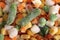 Mexican Mix of frozen vegetable - carrots, peas, corn closeup