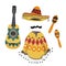 Mexican musical instruments, national poncho and hat.