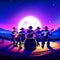 Mexican musicians playing musical instruments on wooden deck with full moon background, 3d illustration Generative AI