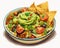 Mexican nachos with guacamole isolated on white. Generative AI