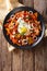 Mexican nachos with tomato salsa, chicken and egg close-up. Vert