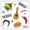 Mexican party sticker applique. Mexico style. Vector illustration set. musica means music. amigo means friend, chile