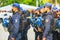 Mexican police team lining up Training in a park in Mexico City CDMX Drug War with Blue equipment clothes and helmets