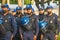 Mexican police team lining up Training in a park in Mexico City CDMX Drug War with Blue equipment clothes and helmets