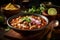 Mexican pozole featuring tender chunks of pork, hominy, flavorful broth, garnished with fresh toppings. AI generated