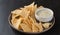 Mexican queso blanco cheese dip with corn tortilla chips