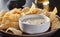 Mexican queso blanco cheese dip with corn tortilla chips