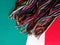 mexican rebozo multicolor with stripes, with green, white and red background